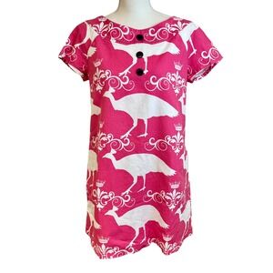 BEEBOP & WALLY Pink Peacock Bird Print Short Sleeve Dress Sz L Shift Whimsy Arty